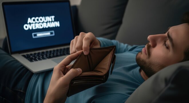 Dismayed millennial generation adult facing economic downturn due to overspending habits