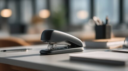 Focused view of a silent stapler on a desk highlighting its smooth contours and ergonomic shape with a blurred workspace conveying quiet productivity.
