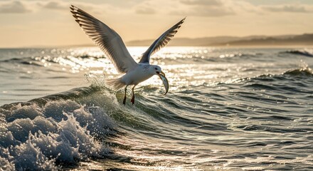 Seagull soars above the ocean wave, clutching its silvery catch against the golden sunset