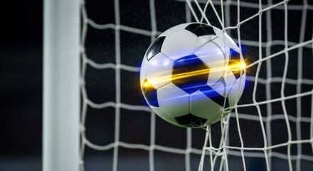 Dynamic action capturing the energy of a soccer ball hitting the back of the net in a match