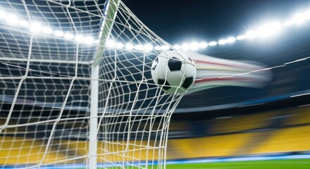 Dynamic view of a soccer ball hitting the net in a brightly lit stadium atmosphere