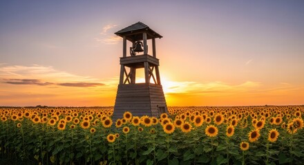 Serene vista of sunflower field with rustic bell tower silhouetted against golden sunset radiance
