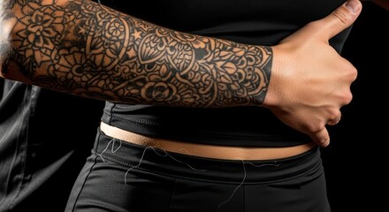 Intricate tattoo artwork on arm against dark background emphasizes personal expression