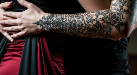 Close embracing intimate moment of a couple with tattooed arm and dramatic lighting