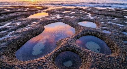 Reflections of dawn on the tide pools reveals natures mesmerizing artistry on the shore