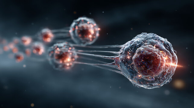 A futuristic drug delivery system with a swarm of intelligent nanobots targeting and attacking cancer cells.