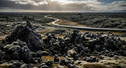 Serpentine road traversing volcanic landscape under dramatic skies suggesting adventure and