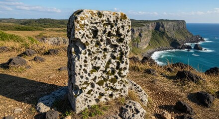 Eroded volcanic rock formation standing sentinel against the backdrop of the ocean landscape