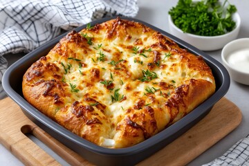 Baked pulling bread casserole with melted cheese and herbs