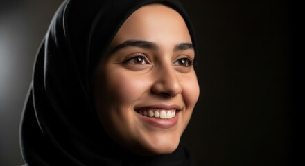 Portrait of a serene and confident woman in a hijab against a dark background