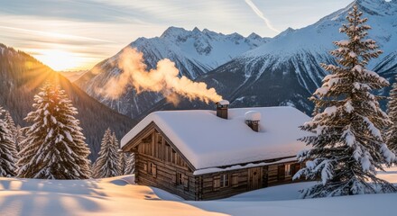 Idyllic winter scene featuring a snow-covered cabin nestled in a mountain valley with golden