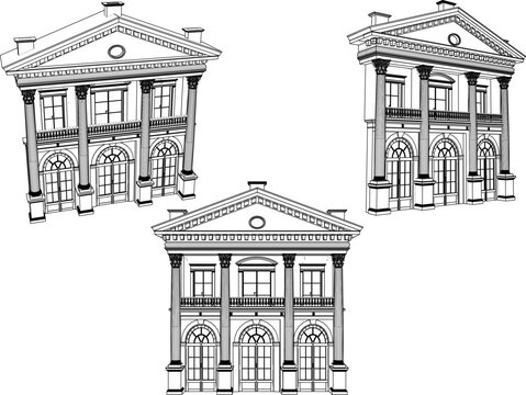 vector sketch illustration design image architecture terrace building old house with big columns classic vintage 