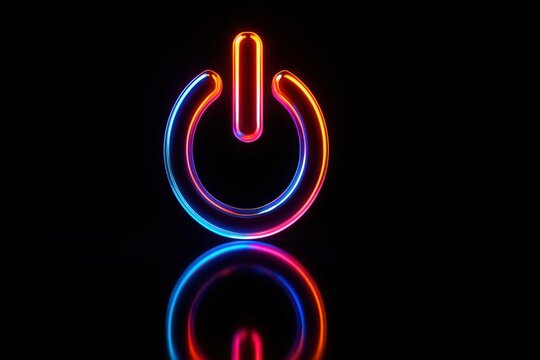 Neon glowing power button icon with colorful gradient light representing technology energy and digital startup concept