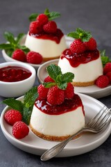 Mini cheesecakes with raspberry jam and fresh mint