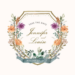 wedding badge purple yellow green floral watercolor frame