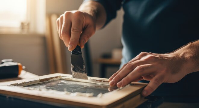 Homeowner applying glazing putty on small window pane demonstrating beginnerfriendly home repair with natural lighting and clear steps.