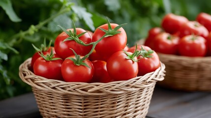 Ripe red garden tomatoes in woven basket