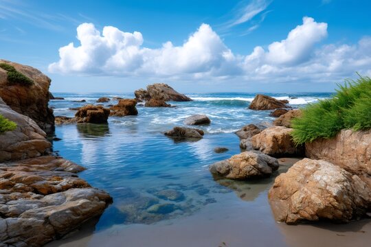 Pacific Ocean waves crashing on rocky coastline