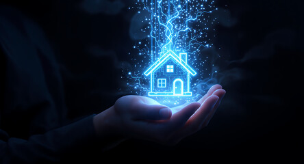 Illuminated House in Hand with Energy