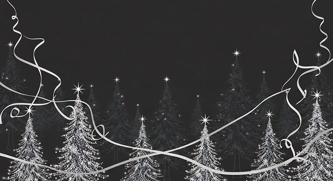 Illustration of a dark, atmospheric illustration of a forest of christmas trees decorated with lights and streamers
