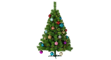 A beautifully decorated artificial Christmas tree with colorful baubles and twinkling lights set against a black background for festive holiday celebrations