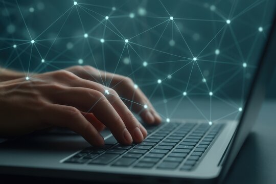 Typing on laptop with digital network nodes representing data communication and online information transfer