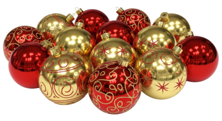 A Collection of Festive Christmas Ornaments Featuring Red and Gold Hues with Intricate Swirl Patterns and Starburst Designs Perfect for Holiday Decoration