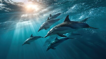 Obraz premium Multiple dolphins leaping and diving gracefully underwater