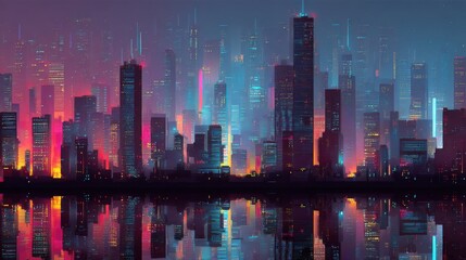 Vibrant Neon Cityscape Reflection at Dusk - A Futuristic Metropolis.