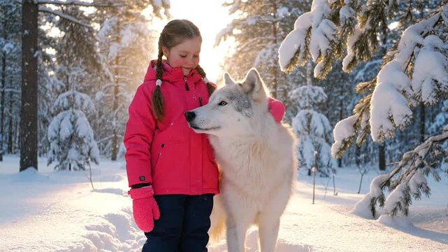 A young girl in a bright pink jacket and mittens gently pets a white wolf dog in a snowy forest during sunset