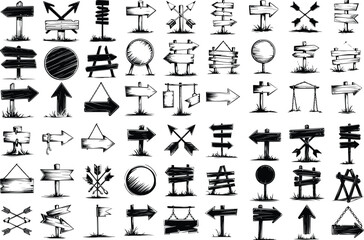 Hand Drawn Direction Sign Silhouette Collection Sketch Style Road Sign Icon Silhouette Set