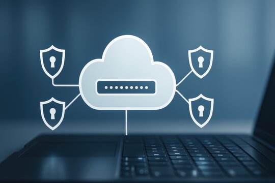 Laptop with cloud security icons representing safe data storage encryption and online privacy protection