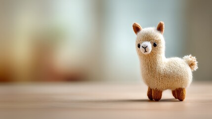 Knitted alpaca toy standing on wooden surface with soft blurred background