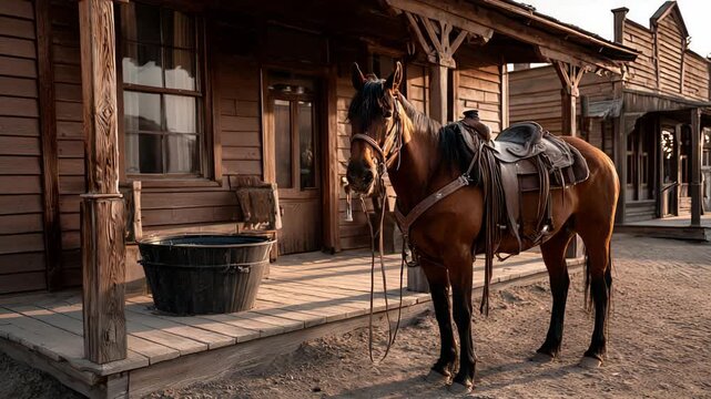 A Wild West horse is tied up at an Old Western saloon, embodying history