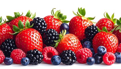 Obraz premium A vibrant display of fresh red strawberries, dark blackberries, plump raspberries, and juicy blueberries arranged attractively against a pure white background.