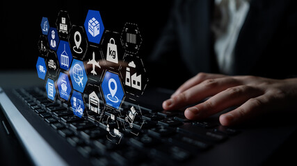 Global shipping icons show transport, loEnticeics, and cargo delivery. Global shipping connects...