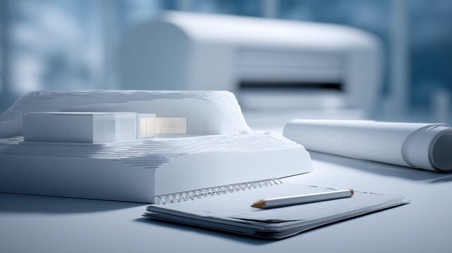 Architectural model displayed on a workspace table, featuring white structures, sketch papers, and a pencil, showcasing design concepts and creative process in a modern environment