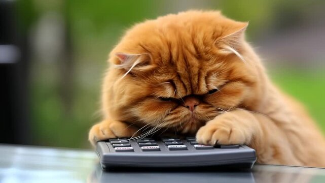 Orange cat calculating on a small calculator with its paws as it looks perplexed, making funny expressions, closeup footage.
