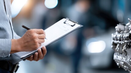Male automotive technician in gray shirt is taking notes on clipboard while inspecting engine components in a well-lit garage, showcasing attention to detail and professionalism