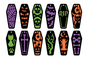 Set of 12 two layered Halloween vertical bookmarks with coffin shape. Laser cut template. Decorative bookmark stencil for paper, wood and metal cutting. Vector stencil