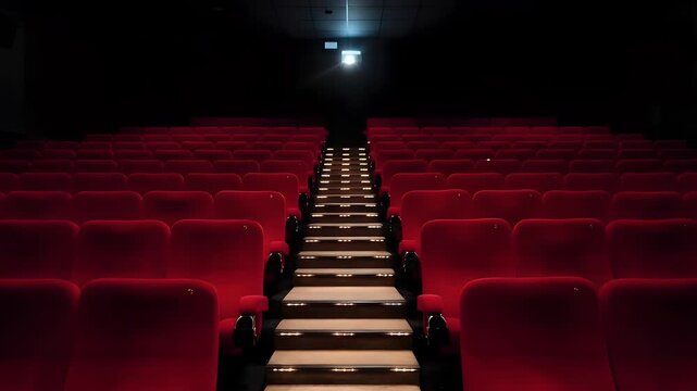 Captivating empty movie theater with luxurious red seats and illuminated stairs, awaiting the start of a new cinematic experience.
