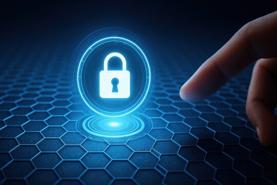 Hand pointing at glowing padlock hologram symbolizing cybersecurity encryption and data privacy protection

