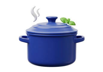 Blue cooking pot PNG illustration isolated on transparent background with basil and steam Kitchenware for food preparation
