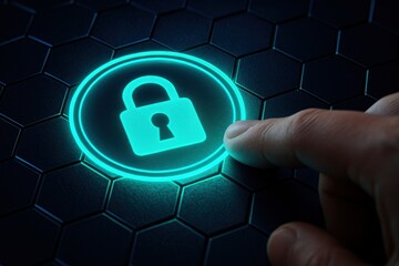 Hand pressing glowing padlock hologram on digital interface symbolizing cybersecurity protection and encrypted data safety