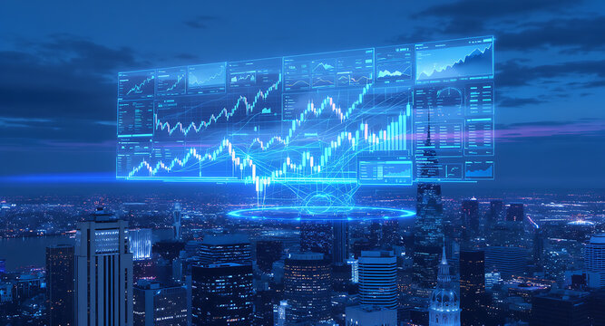 Futuristic Financial Data Display over City