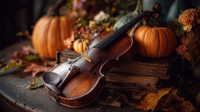 Rustic Autumn Still Life - Violin, Pumpkins, and Dried Flowers in Warm Tones.