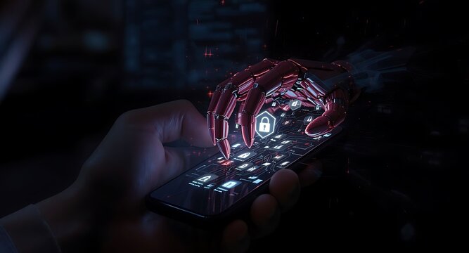 Robotic Hand Interacts with Digital Security Icons on Smartphone