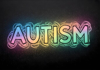 Autism in 3D pastel rainbow letters on textured black background with colorful powder splash, concept of awareness identity and neurodivergent empowerment