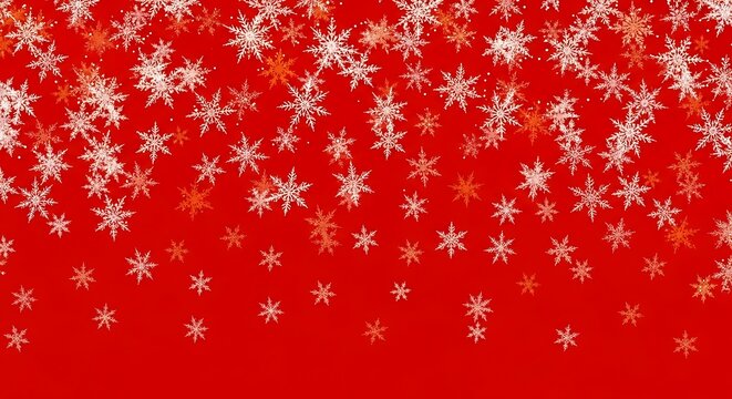 Illustration of falling snowflakes on a vibrant red background, a festive winter holiday or christmas theme