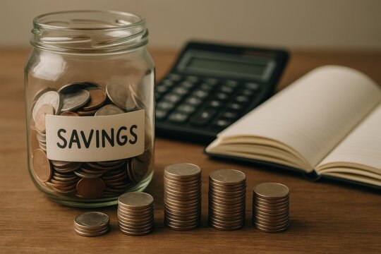 Savings jar with coins stacks and calculator symbolizing budgeting wealth growth and financial planning
